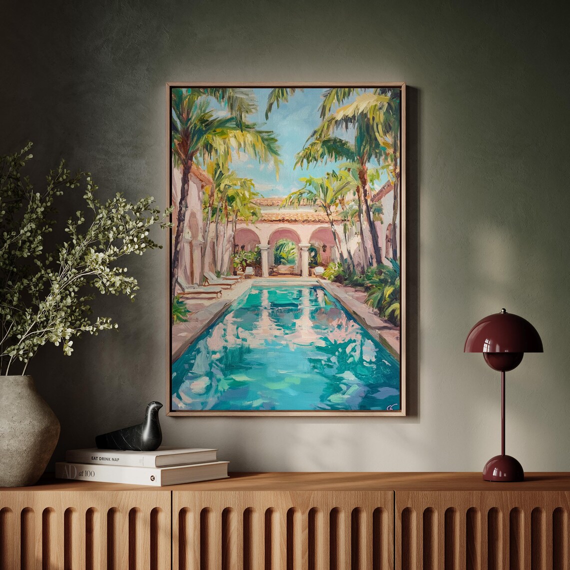 Tropical Courtyard Pool, Mediterranean Style Art Print - Image 7
