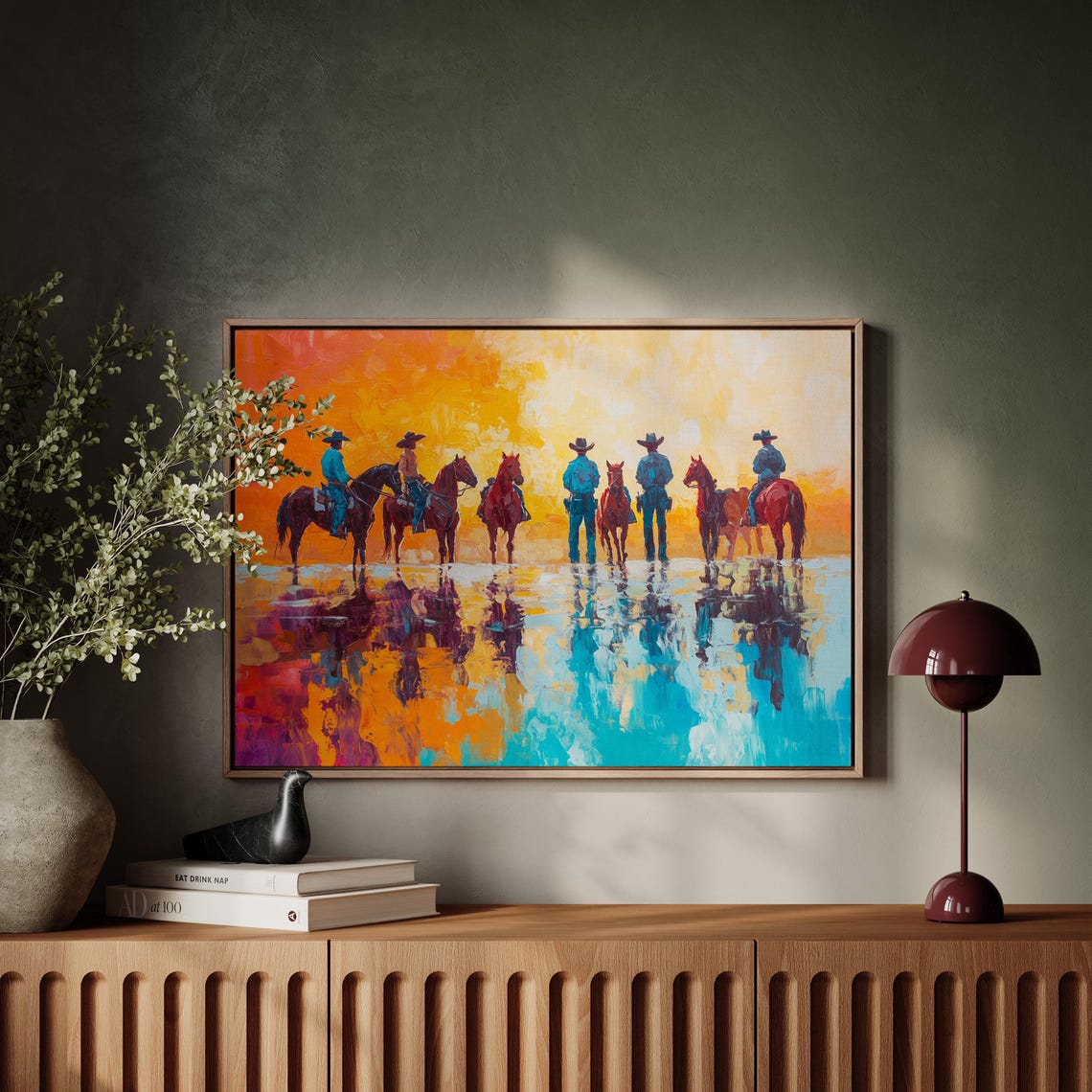 Sunset Cowboys Reflection Colorful Western Wall Art - Image 4
