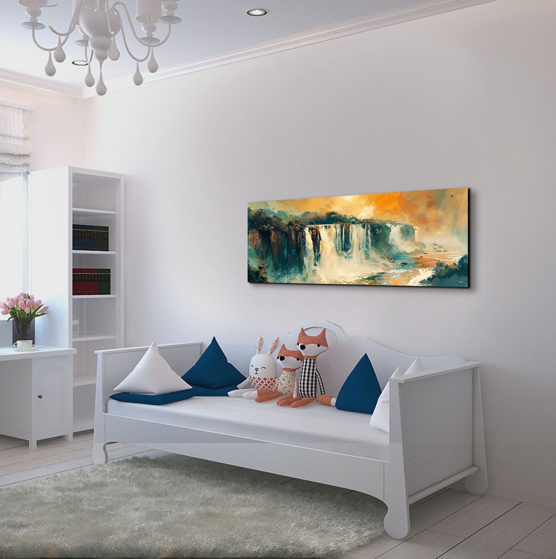 Waterfall Painting with Golden Orange Sunset Sky Panorama Wall Art - Image 7