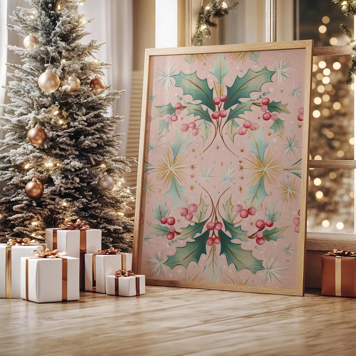 Pink Christmas Holly And Berries Pattern Art Print