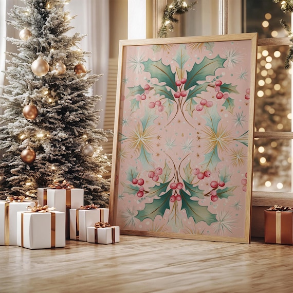 Pink Christmas Holly And Berries Pattern Art Print