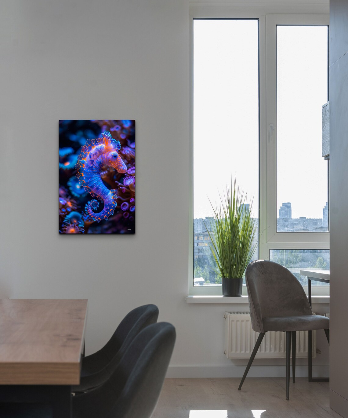 Glowing Seahorse In Coral Reef Neon Blue Orange Underwater Wall Art - Image 3
