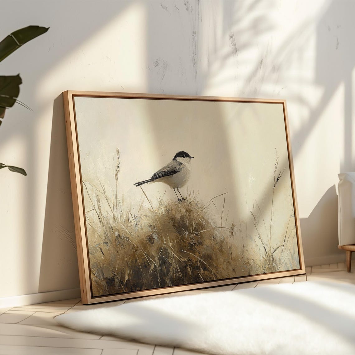 Small Bird Perched In Golden Grasses Minimalist Neutral Nature Poster - Image 5