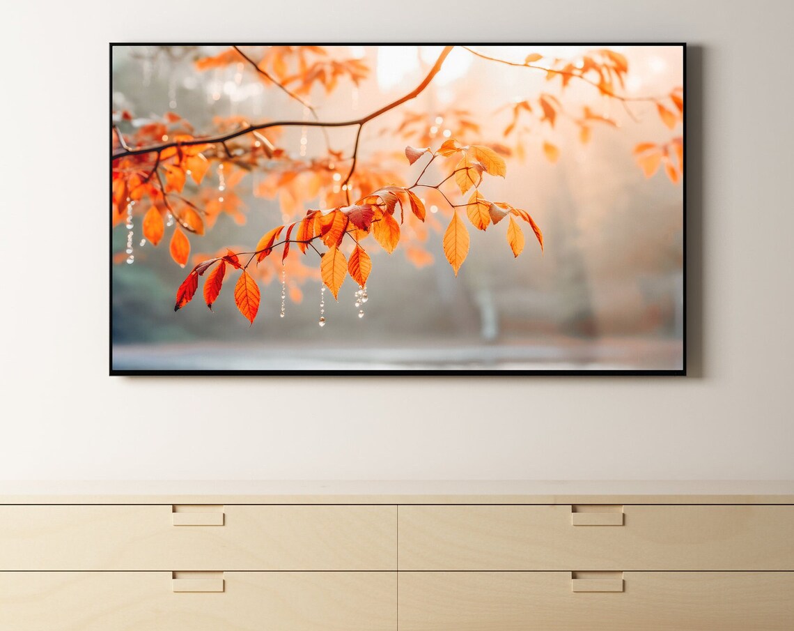 Samsung Frame Tv Art Autumn Leaves With Rain Drops Ai Gen Instant Orange Color Fall Forest For