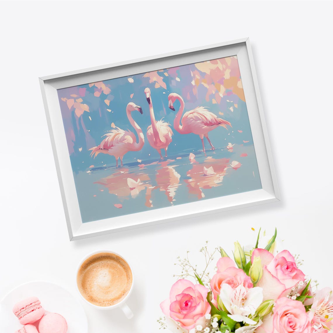 Three Pink Flamingos Shallow Water Reflections Pastel Wildlife Poster - Image 5