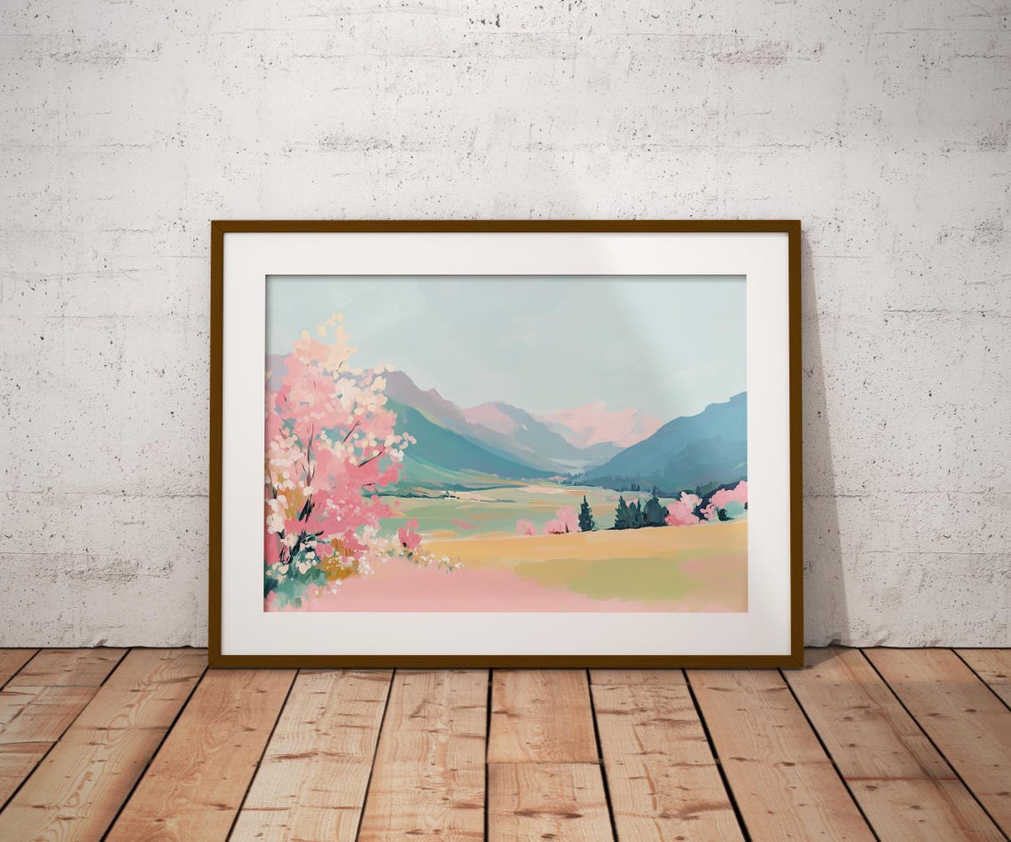 Spring Mountain Valley With Pink Blossom Trees Pastel Landscape Poster - Image 2