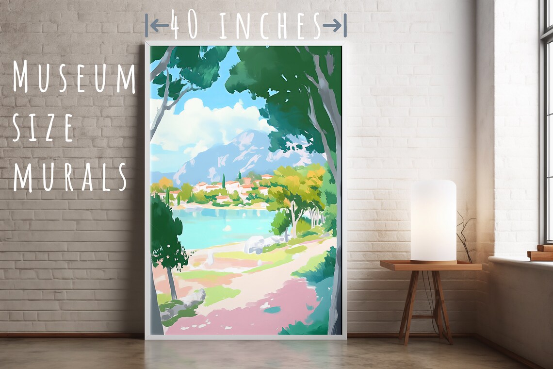 Mediterranean Coastal Town Across Turquoise Bay Trees Pastel View Poster - Image 5
