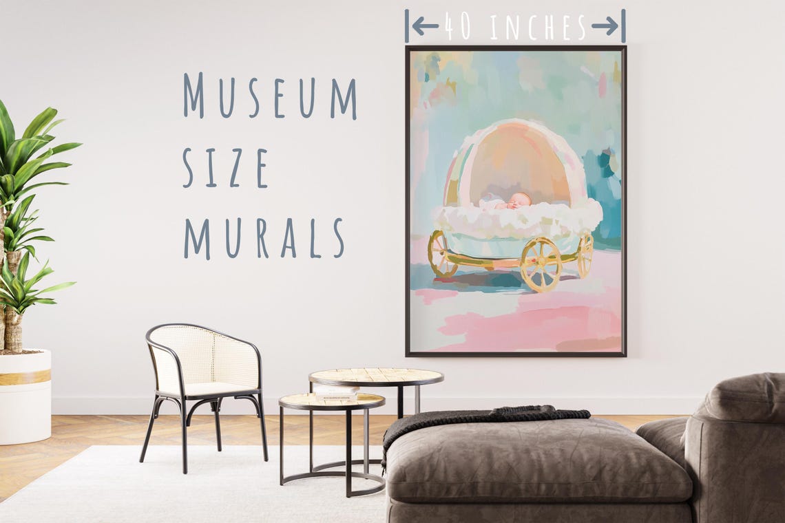 Sleeping Baby Vintage Pastel Pram Golden Wheels Nursery Wall Art - Image 5