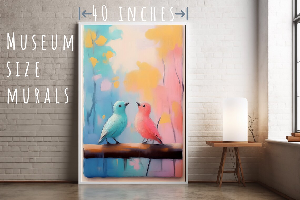 Teal And Pink Birds Facing Each Other Pastel Branch Art Poster - Image 5
