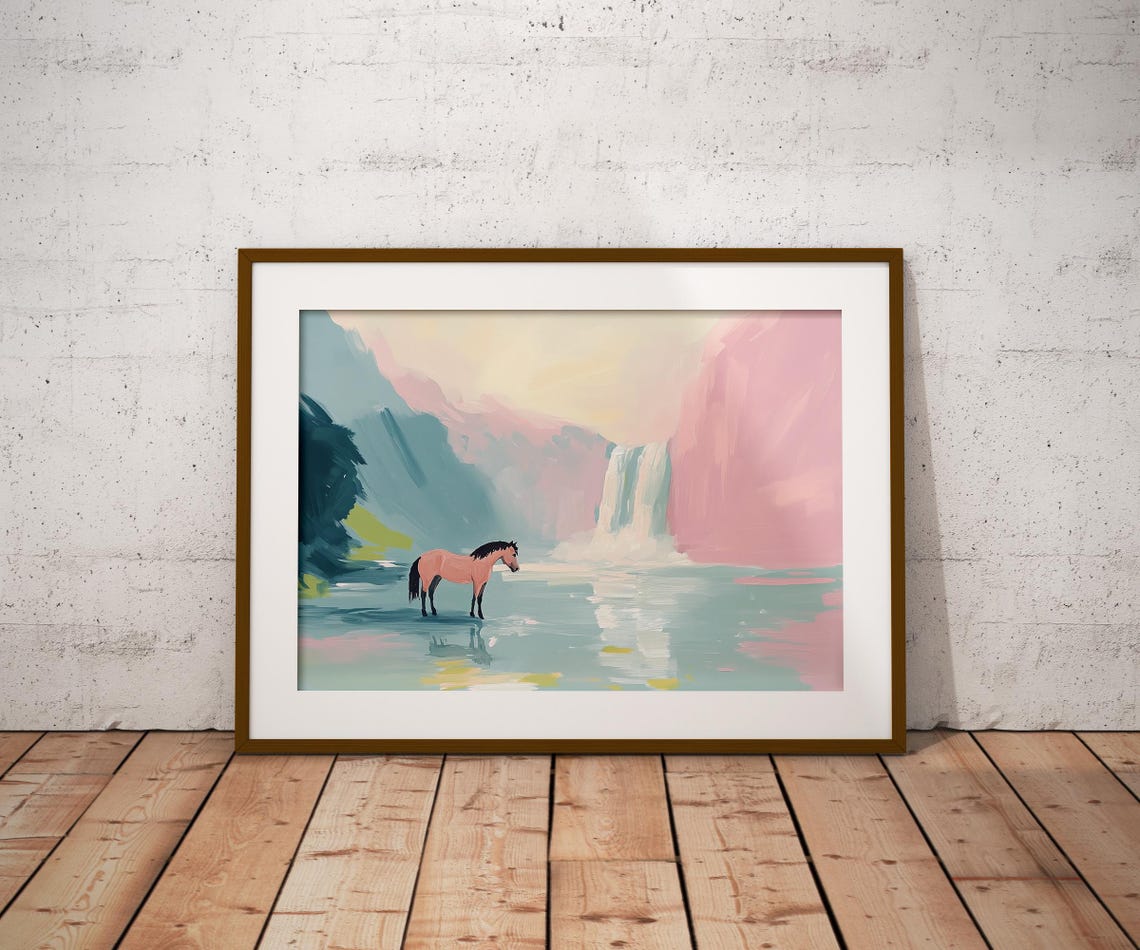 Horse Wading In River Below Waterfall Pastel Mountain Landscape Poster - Image 2