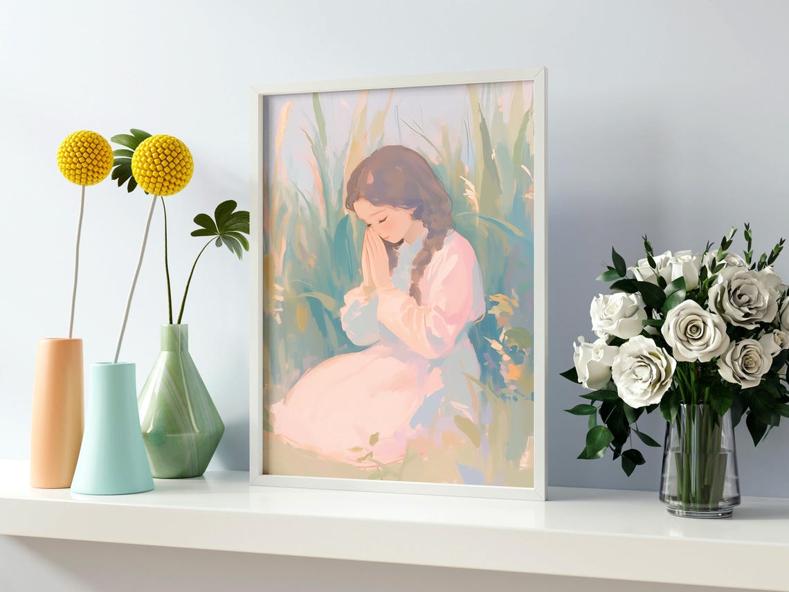 Little Girl Praying Peaceful Girl Art Prayer Print Kid Praying Painting Tranquil Girl Art Peaceful Girl Wall Art Prints - Image 2