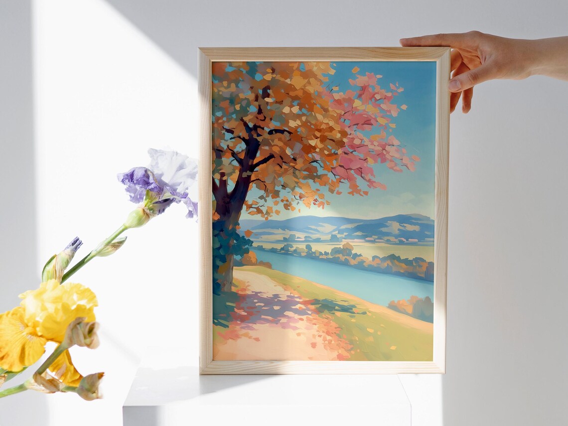 Autumn Tree Pink Orange Foliage Overlooking River Valley Blue Hills Poster - Image 4