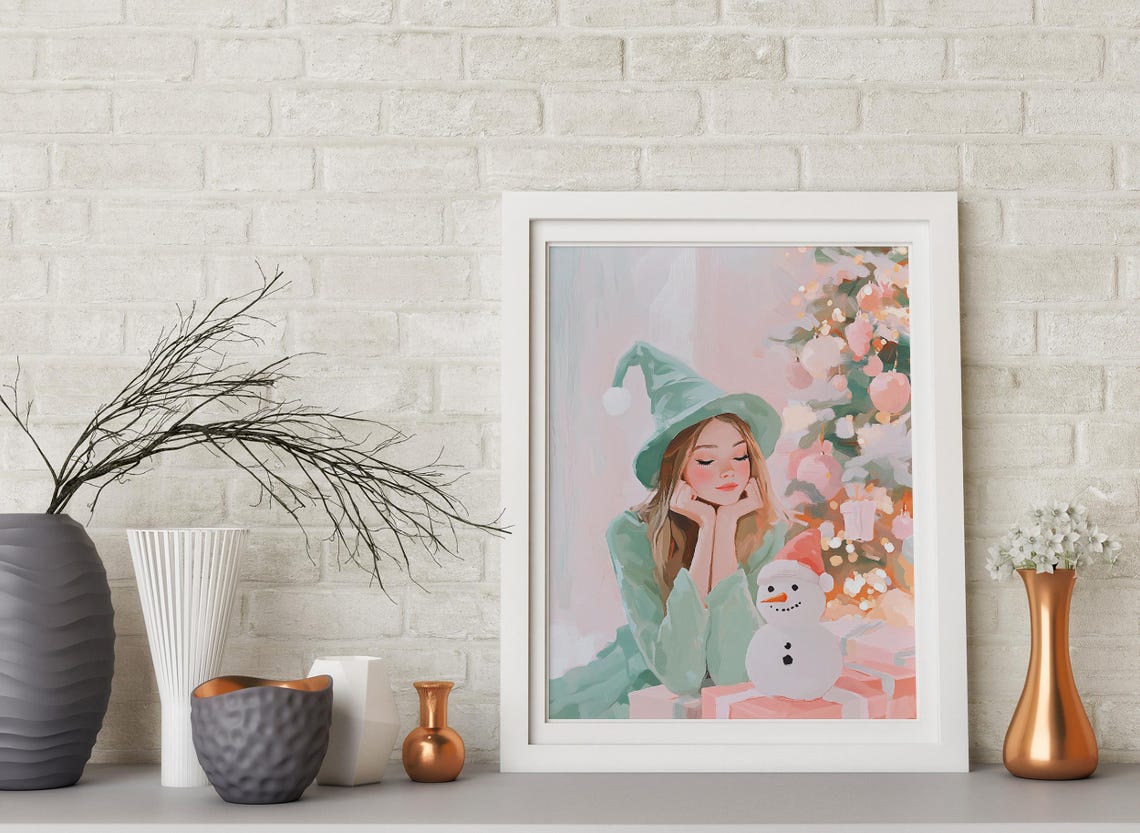 Pastel Christmas Fairy Her Snowmanl Christmas Fairy Art Snowman With Fairy Cute Fairy Painting Witch Hat Fairy Colorful Fairy Print - Image 4