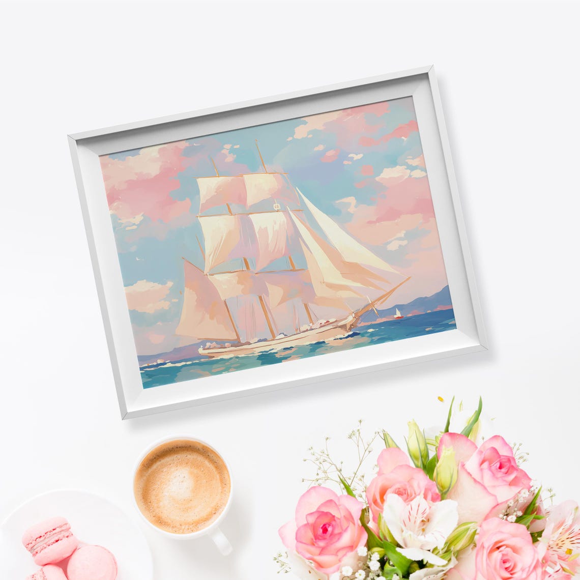 Tall Ship White Sails Pink Clouds Blue Ocean Vintage Sailing Poster - Image 5