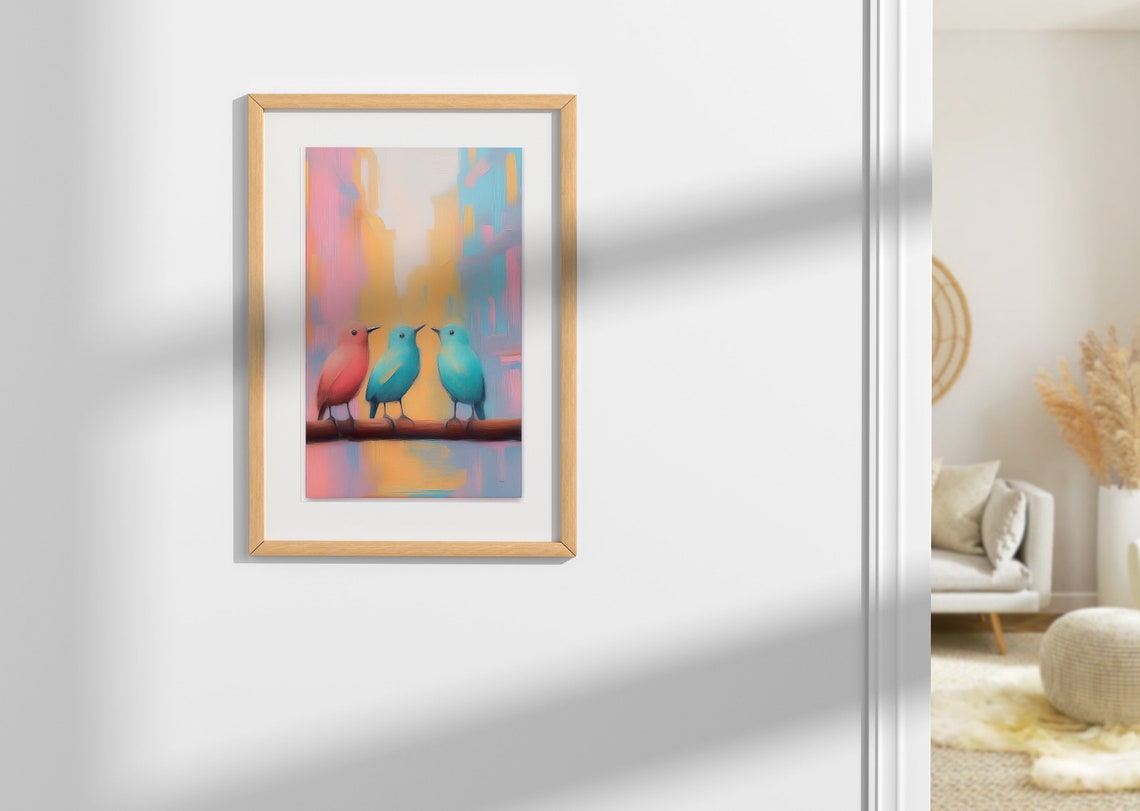 Three Pastel Birds Coral Teal Blue Chatting On Branch Art Print - Image 2