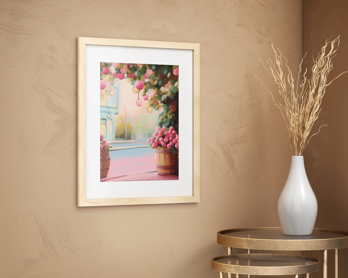 Pink Flower Canopy Over Garden Street with Lanterns Pastel Wall Poster - Image 2