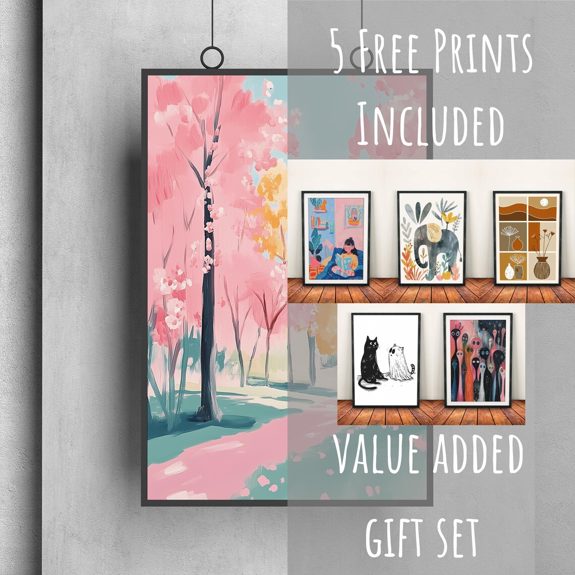 Pink Cherry Blossom Park Path Spring Pastel Nature Landscape Art Poster - Image 3