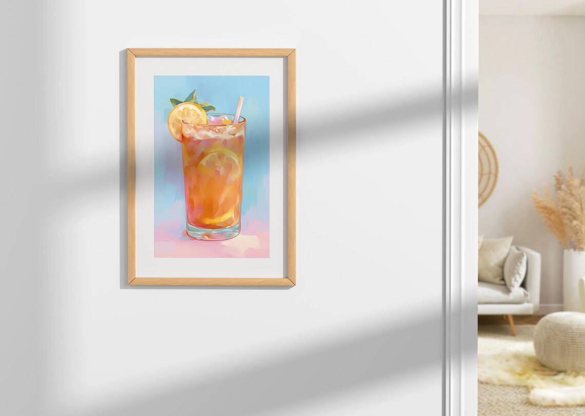 Iced Lemon Tea Tall Glass Mint Straw Refreshing Summer Drink Pastel Wall Art - Image 4