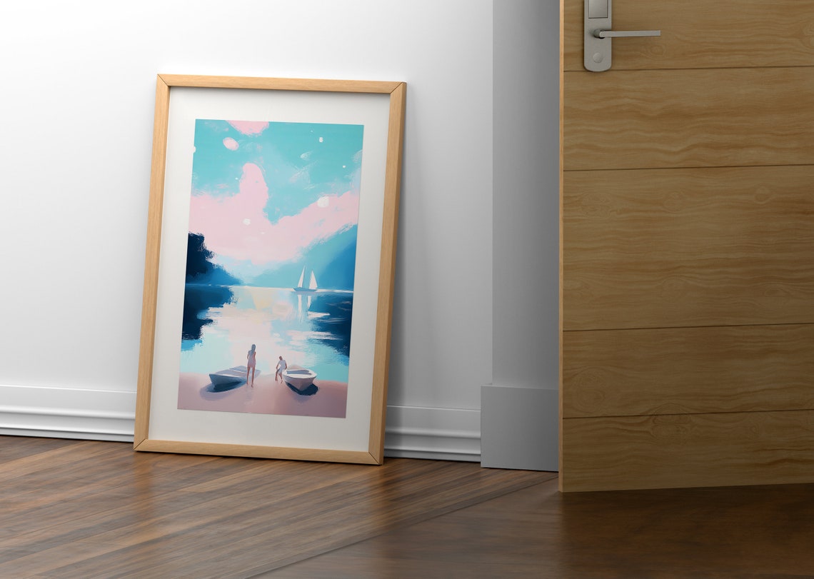 Pastel Beach Sailboat Pink Shore Turquoise Water Wall Art Print - Image 4
