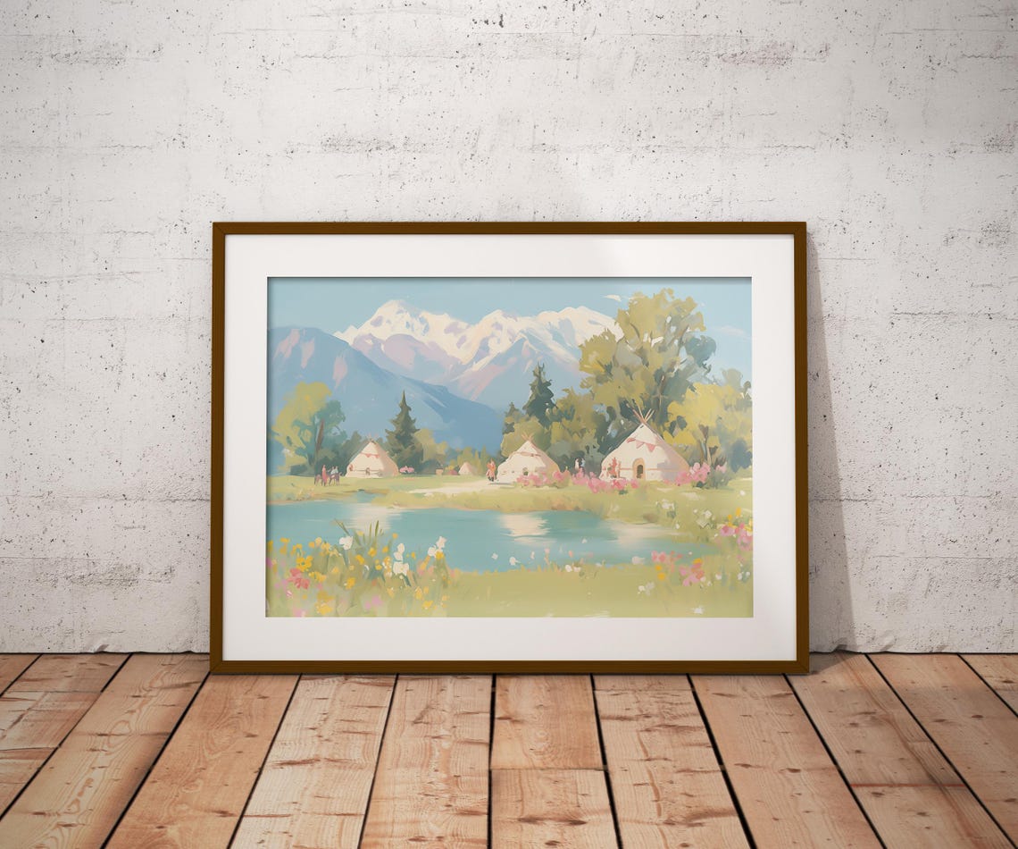 Mountain Lake With White Tents Snow Peaks And Wildflowers Print - Image 2