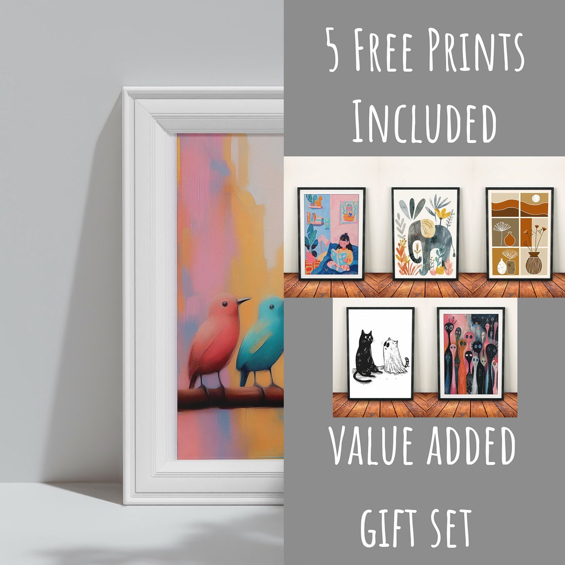 Three Pastel Birds Coral Teal Blue Chatting On Branch Art Print - Image 3