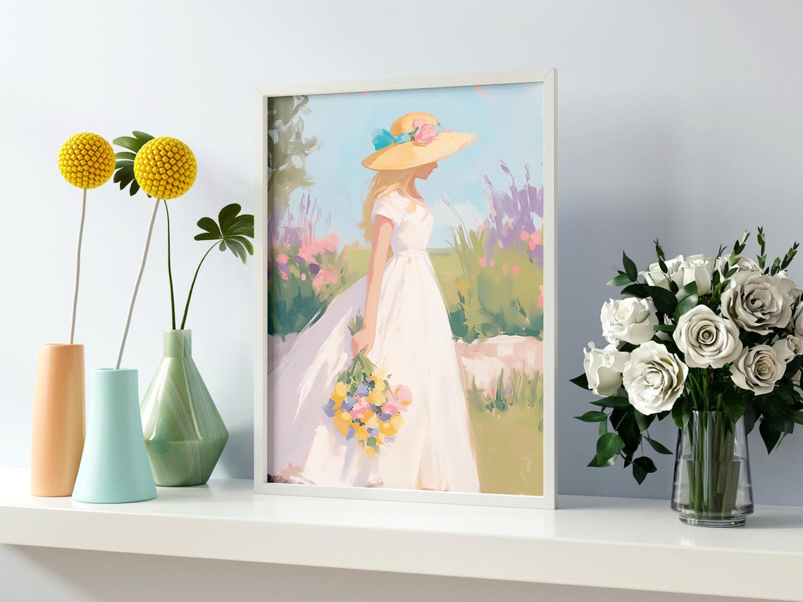 Girl In White Dress And Straw Hat Holding Wildflowers Meadow Print - Image 2