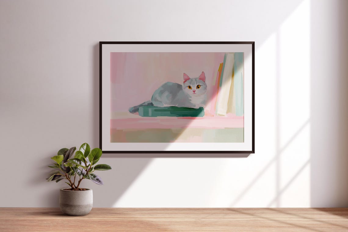 Gray Cat Sleeping On Green Book Cozy Library Cat Art Wall Print - Image 3