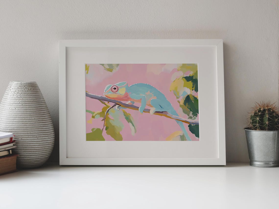Blue Pink Chameleon Branch Pastel Reptile Portrait Wildlife Poster - Image 4