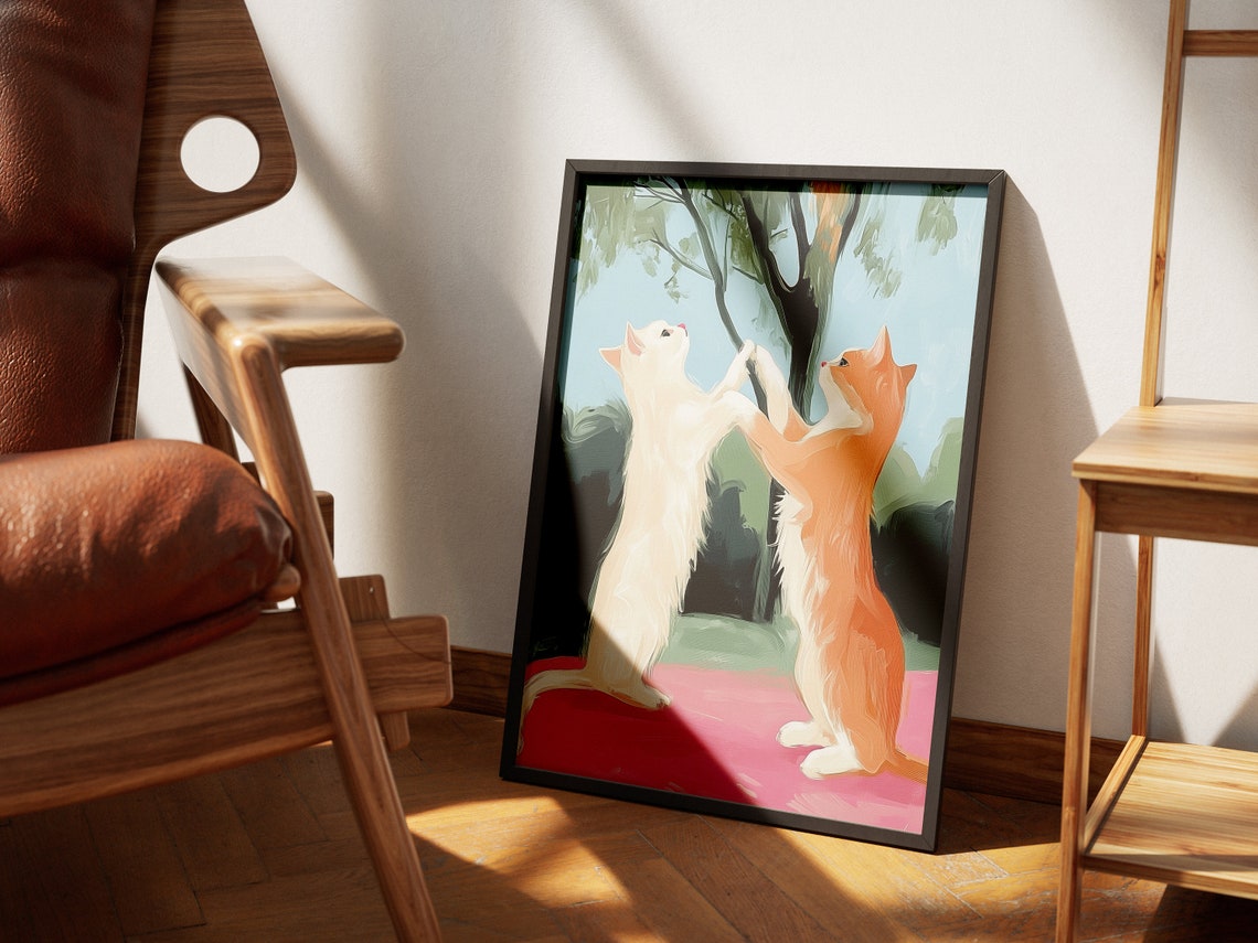 Two Playful Kittens Dancing Under Tree Cute Pastel Cat Print - Image 2
