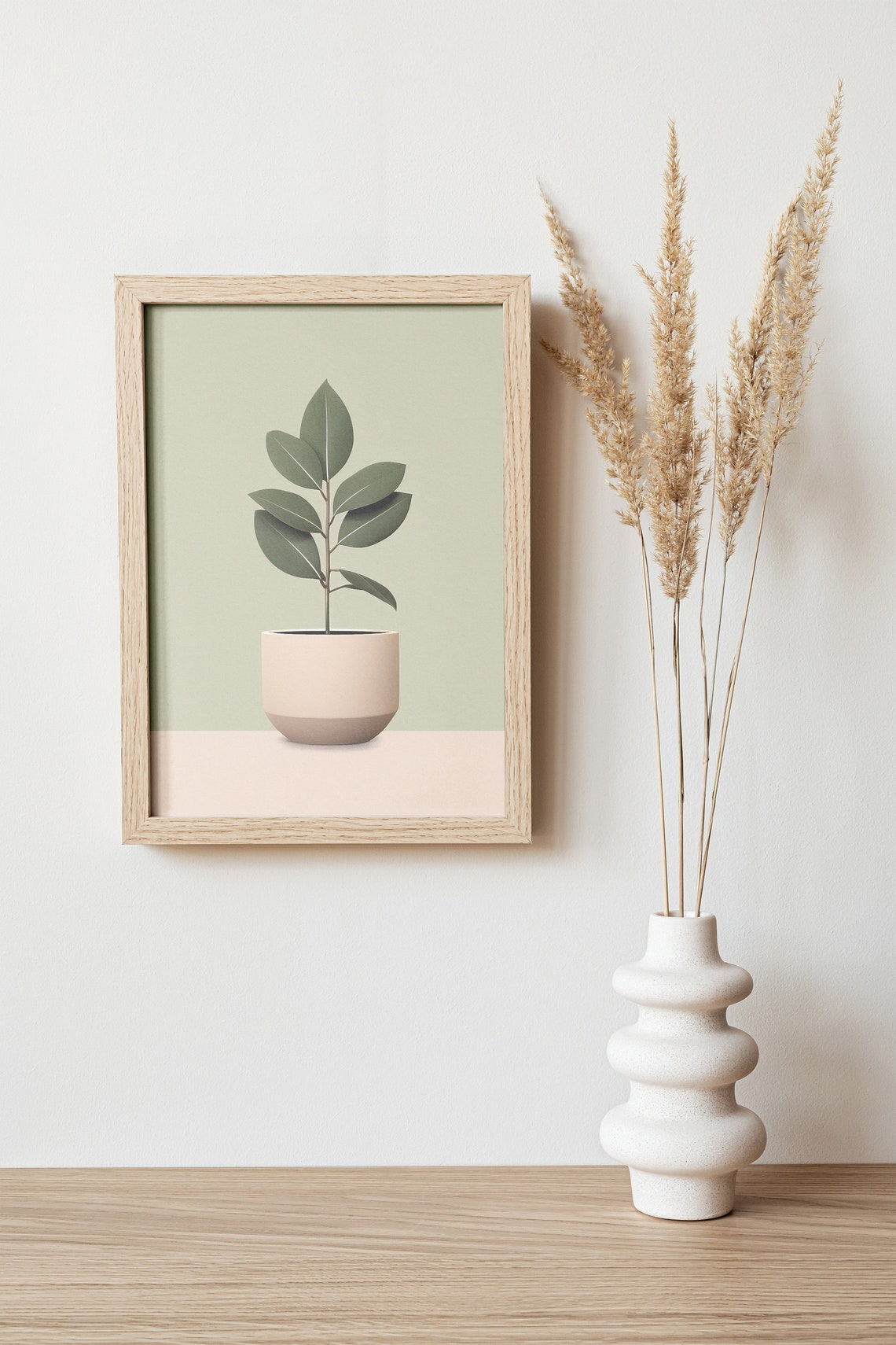 Minimalist Leafy Plant Beige Pot Olive Green Modern Wall Art Print - Image 4