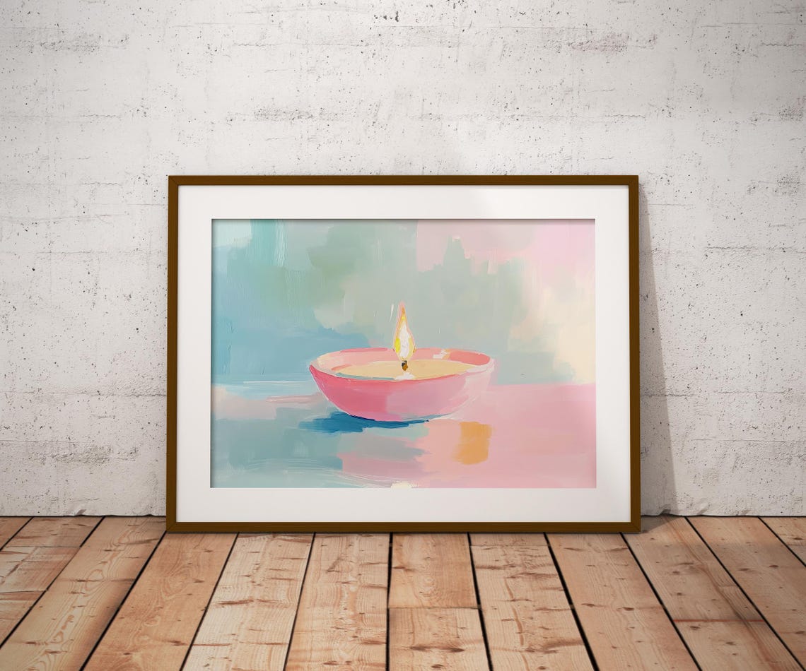 Lit Pink Candle Bowl Soft Flame Calming Minimalist Art Poster - Image 2