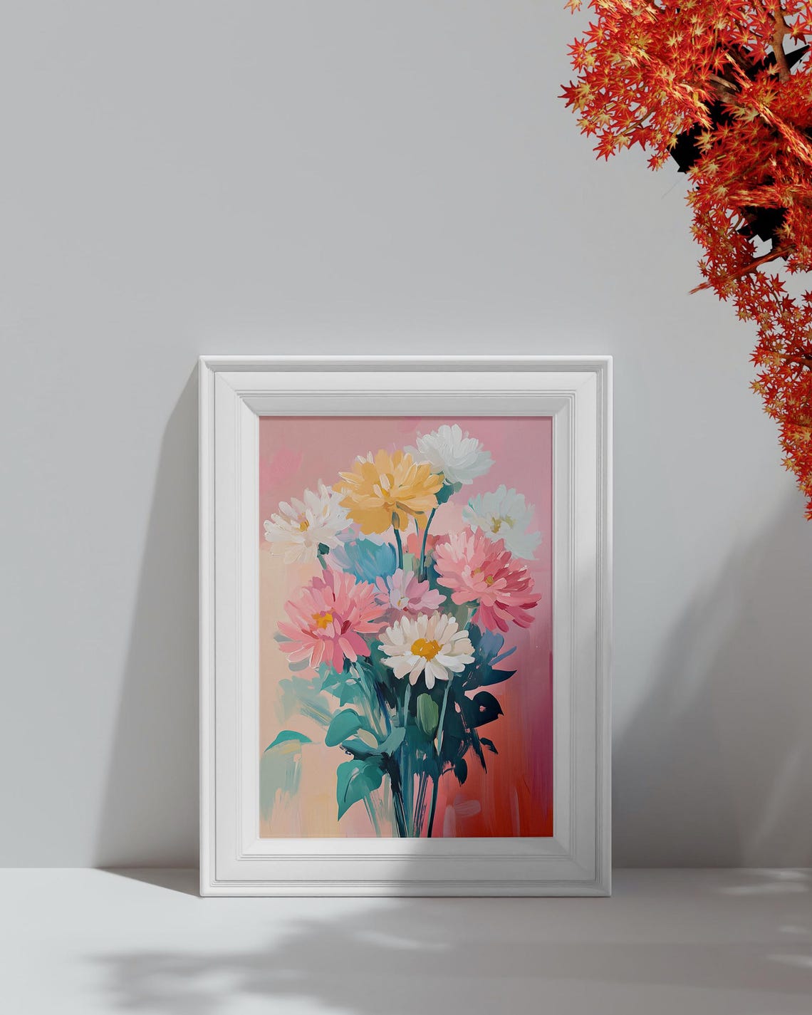 Pink White Yellow Chrysanthemum Bouquet Blush Background Floral Poster - Image 4