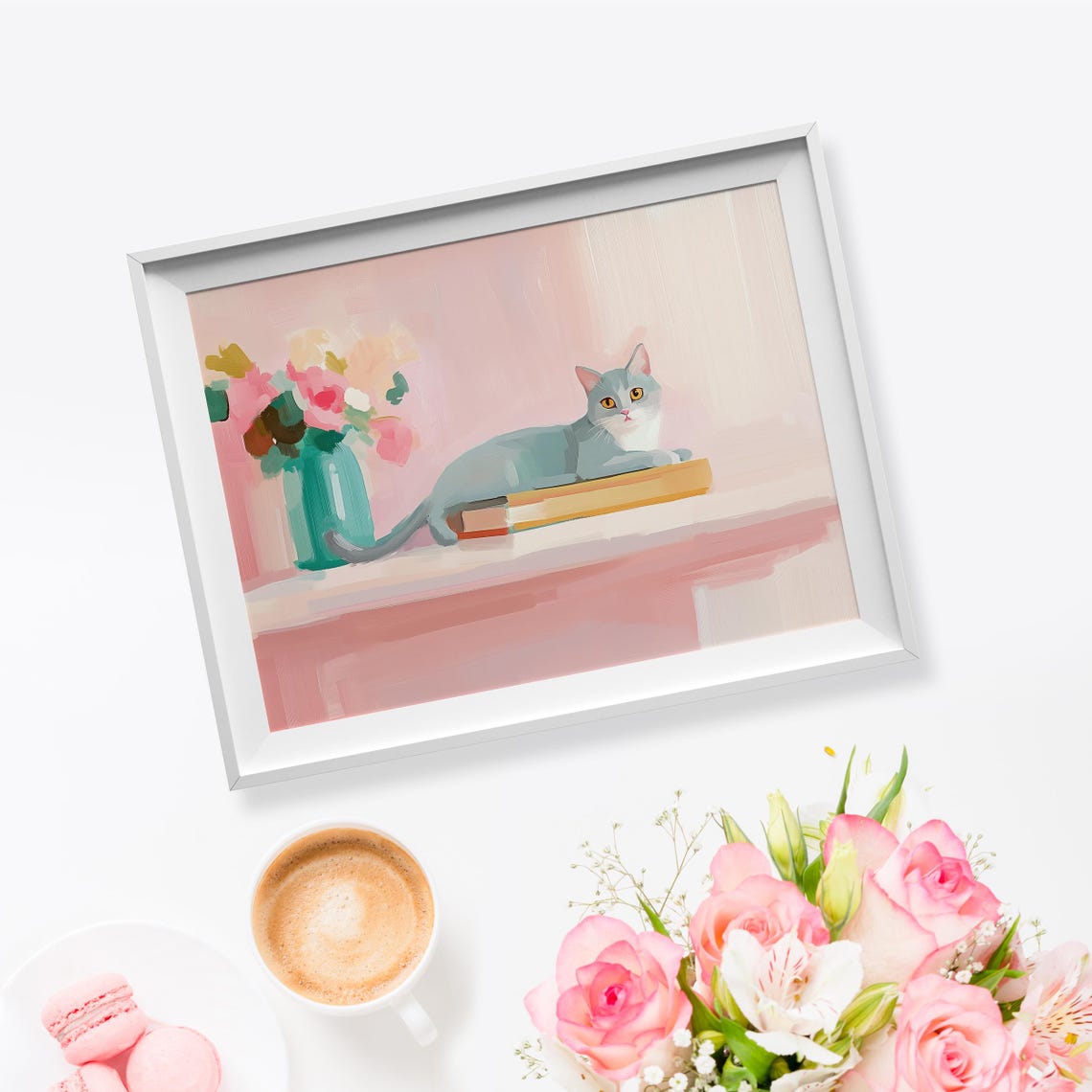 Gray Cat Lounging On Books Library Cat Portrait Pastel Wall Art - Image 5