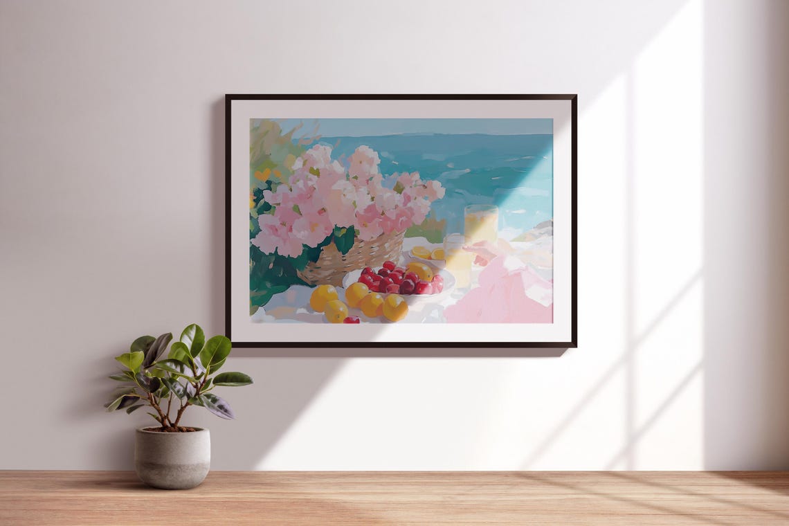 Seaside Picnic Hydrangeas Lemons Turquoise Ocean View Wall Art Print - Image 3