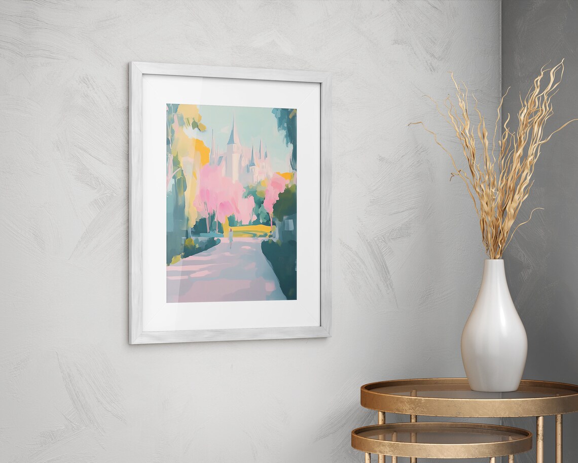 Pink Cherry Blossom Trees Framing Gothic Cathedral Panoramic Art Poster - Image 2