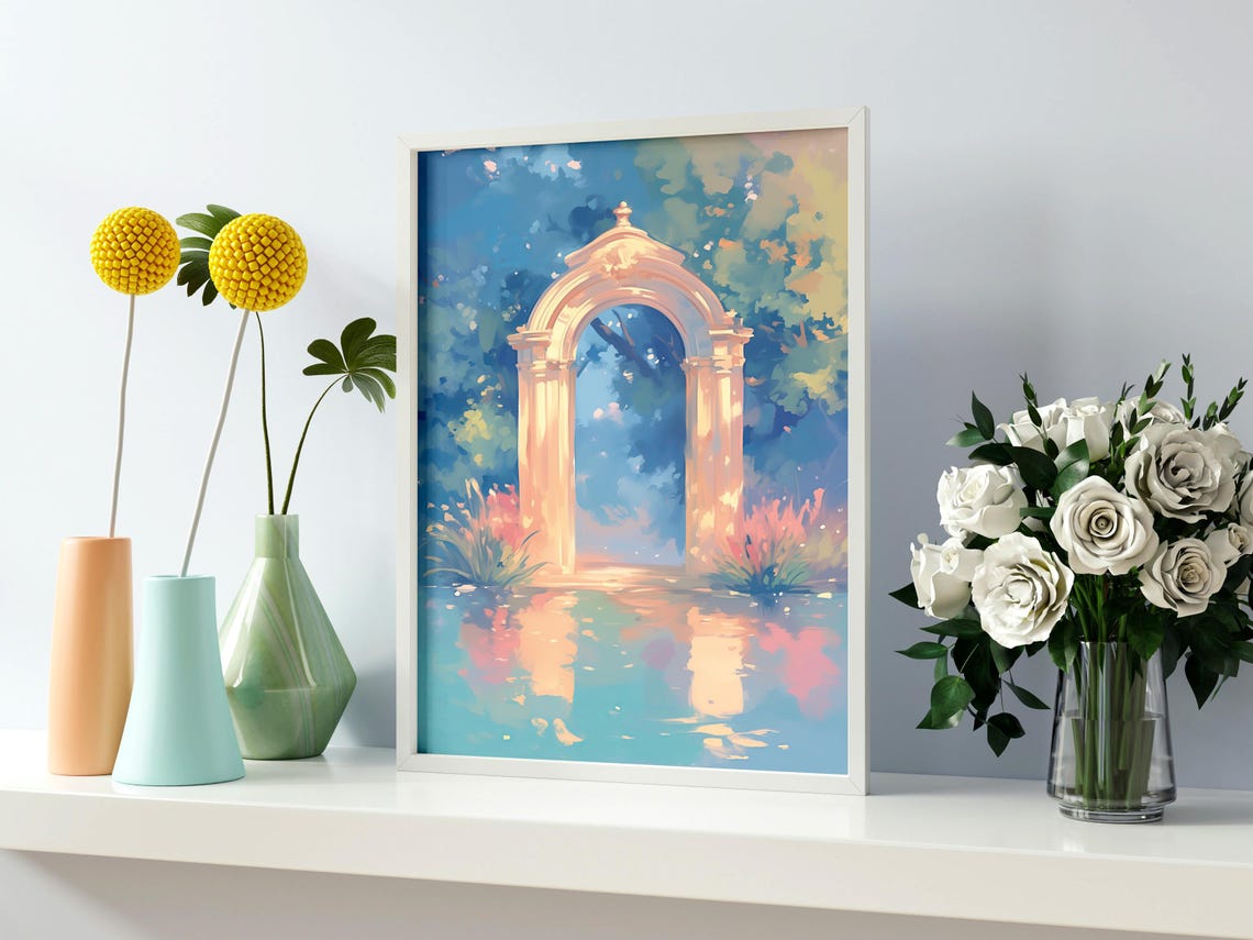 Classical Stone Archway Over Water In Glowing Sunset Garden Poster - Image 2