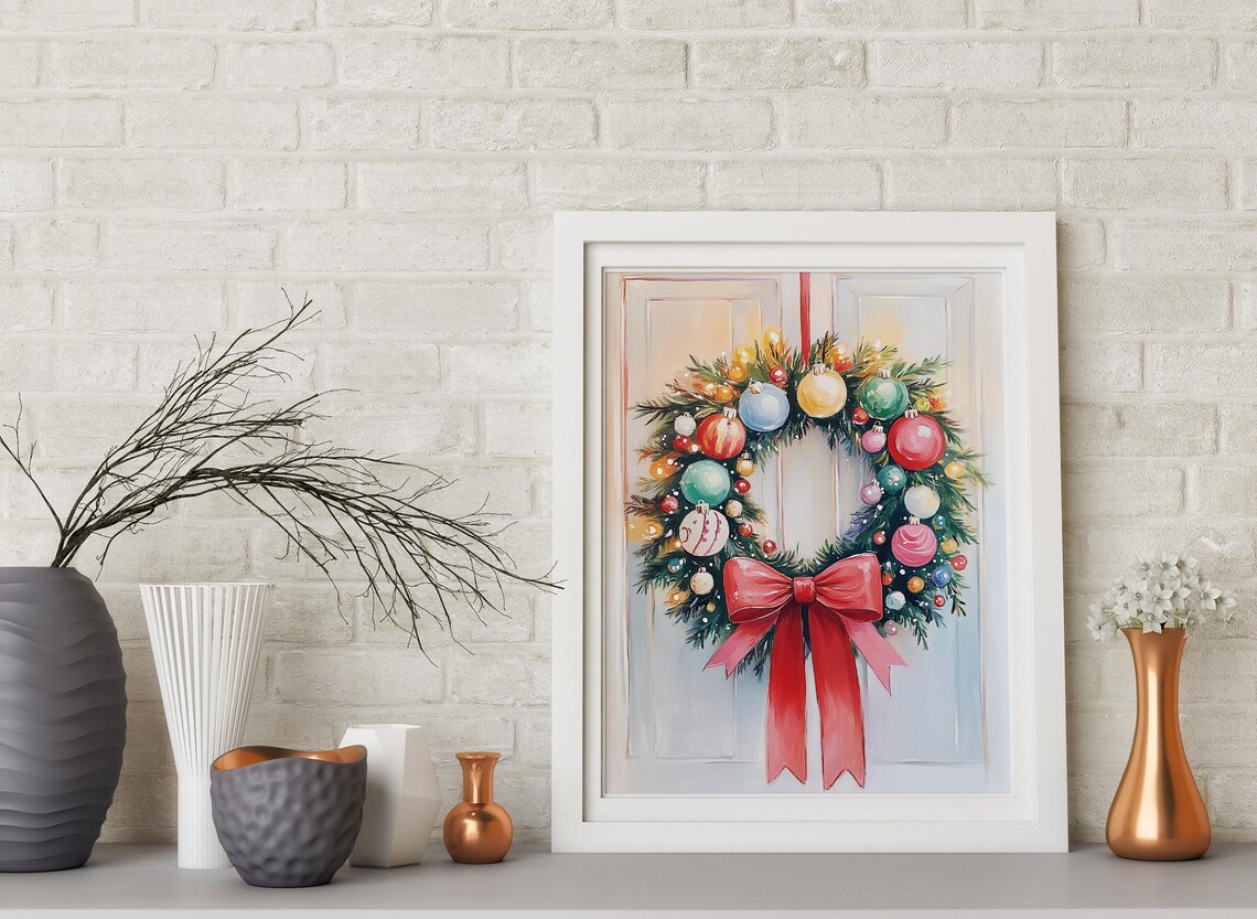 Christmas Wreath Colorful Ornaments Red Bow Festive Door Poster - Image 4