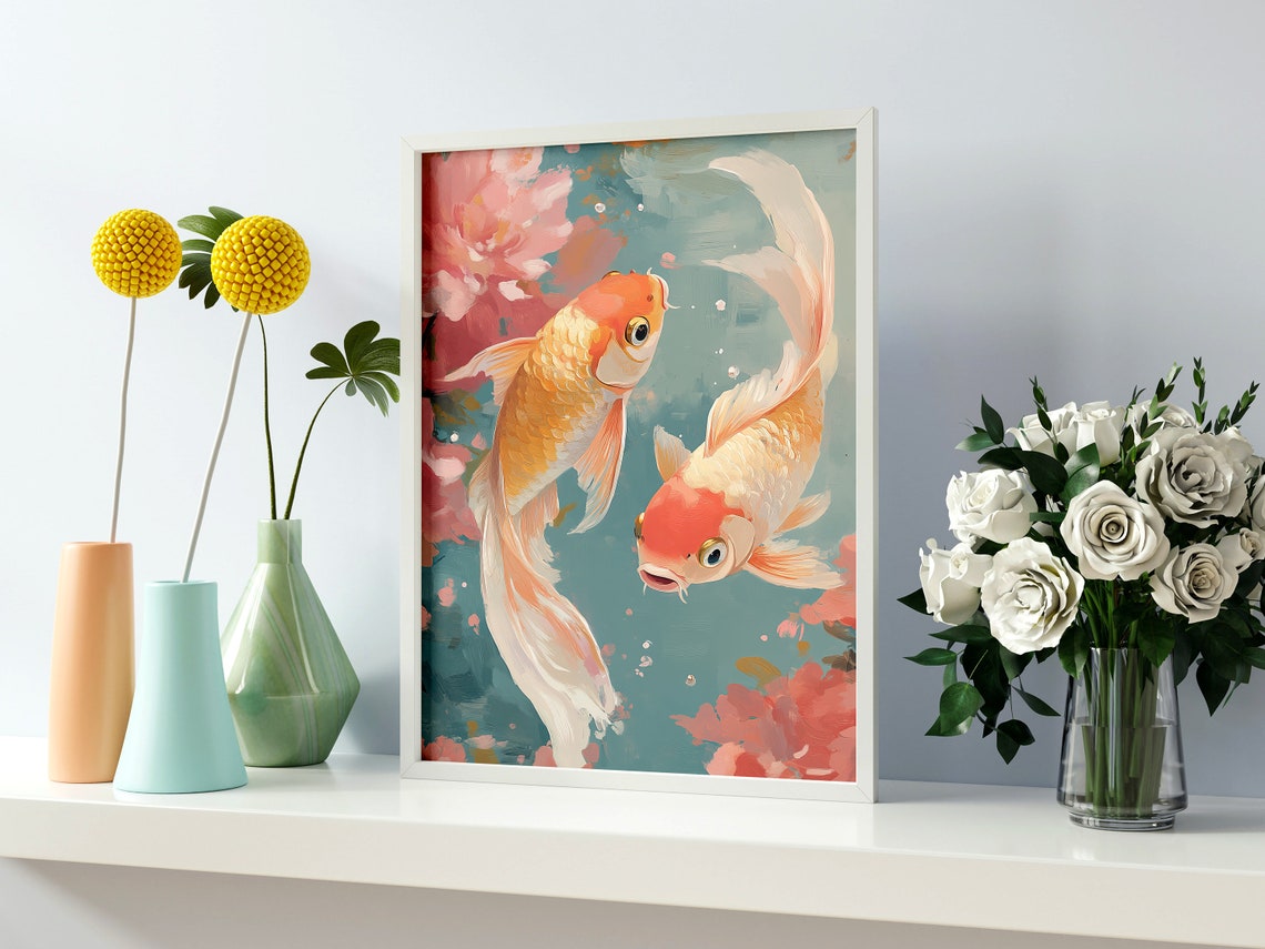 Koi Fish Swimming Among Pink Peonies Pastel Water Pond Art Poster - Image 2