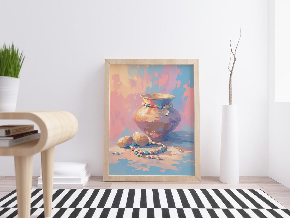 Clay Pot Still Life Beaded Necklace Pebbles Pastel Bohemian Art Poster - Image 4