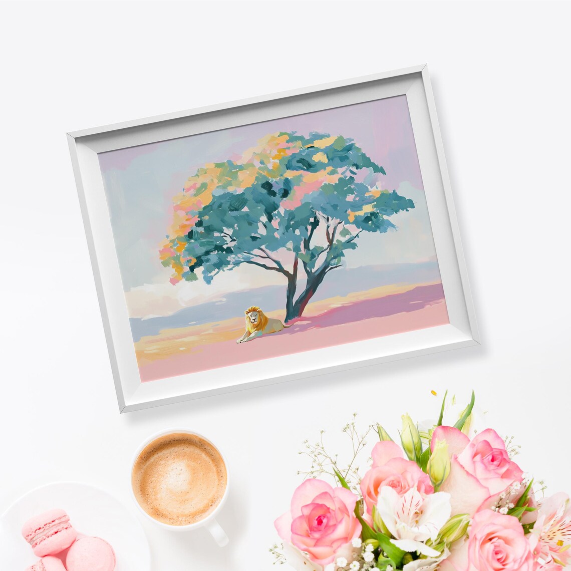 Lion Resting Under Big Pastel Tree Pink Savanna Wildlife Painting Poster - Image 5