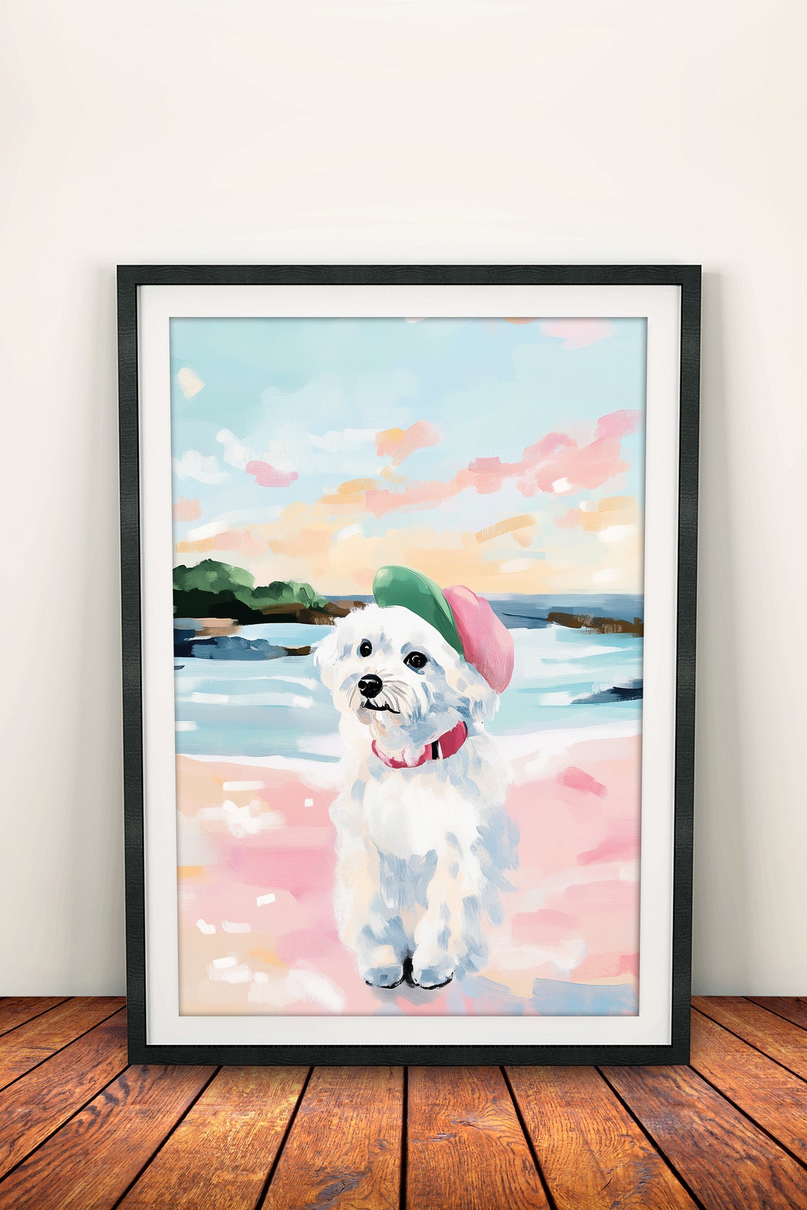 Funny White Fluffy Dog Wearing Cap Pink Beach Pastel Art Print - Image 2