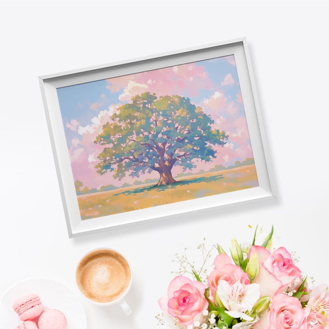 Lone Oak Tree Golden Field Sunset Pink Clouds Pastoral Art Poster - Image 5