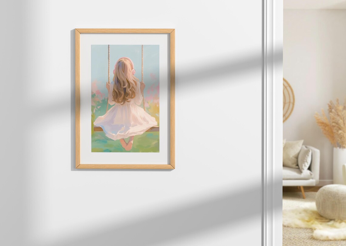 Dreamy Girl White Dress Pink Headphones Swing Pastel Garden Watercolor Print - Image 4