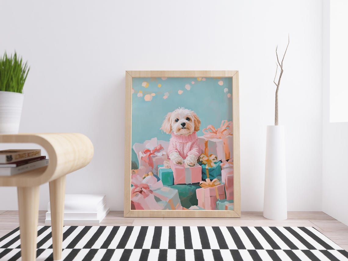 Cream Puppy In Pink Knit Sweater On Pastel Gift Boxes Holiday Poster - Image 4