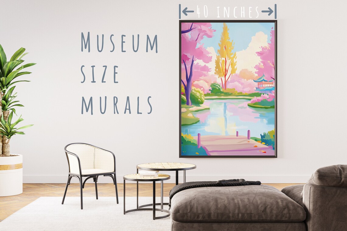 Colorful Lakeside Garden with Pagoda Cherry Blossom Pond Art Poster Print - Image 5