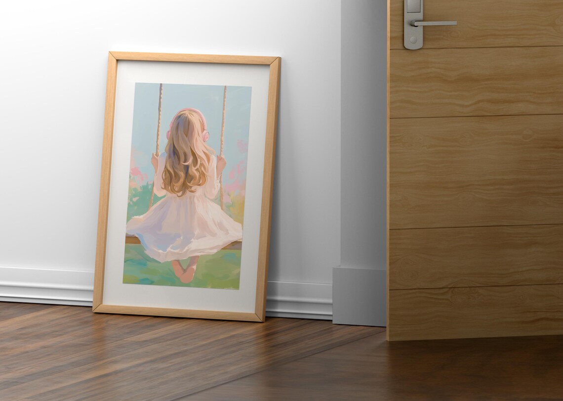 Dreamy Girl White Dress Pink Headphones Swing Pastel Garden Watercolor Print - Image 2