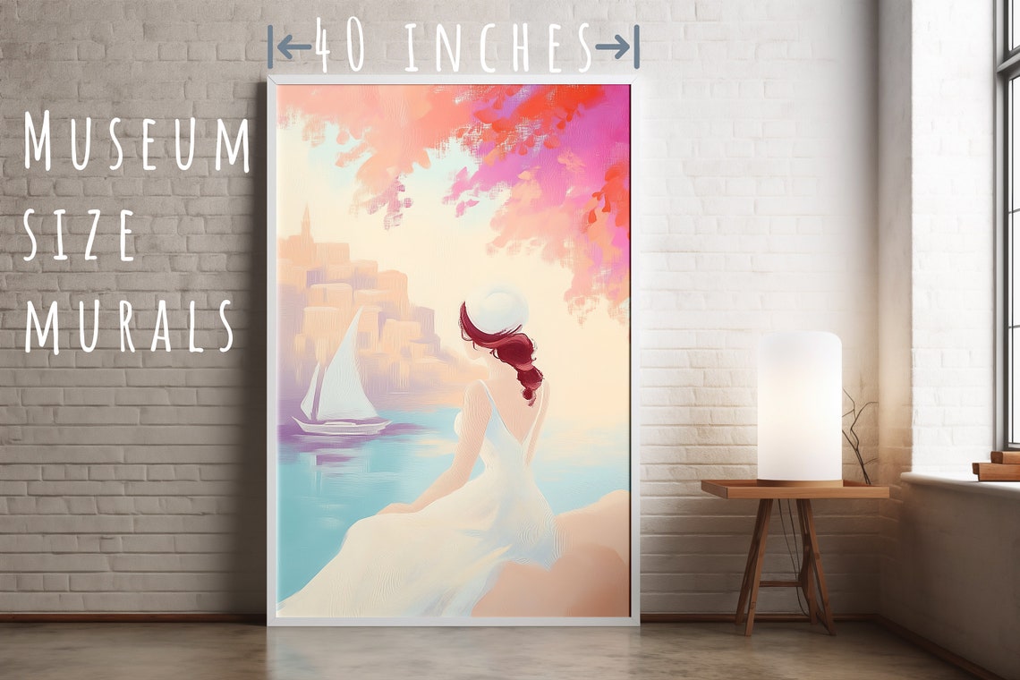 Woman Watching Sailboat at Pink Sunset Coastal Dream Sea Art Poster - Image 5