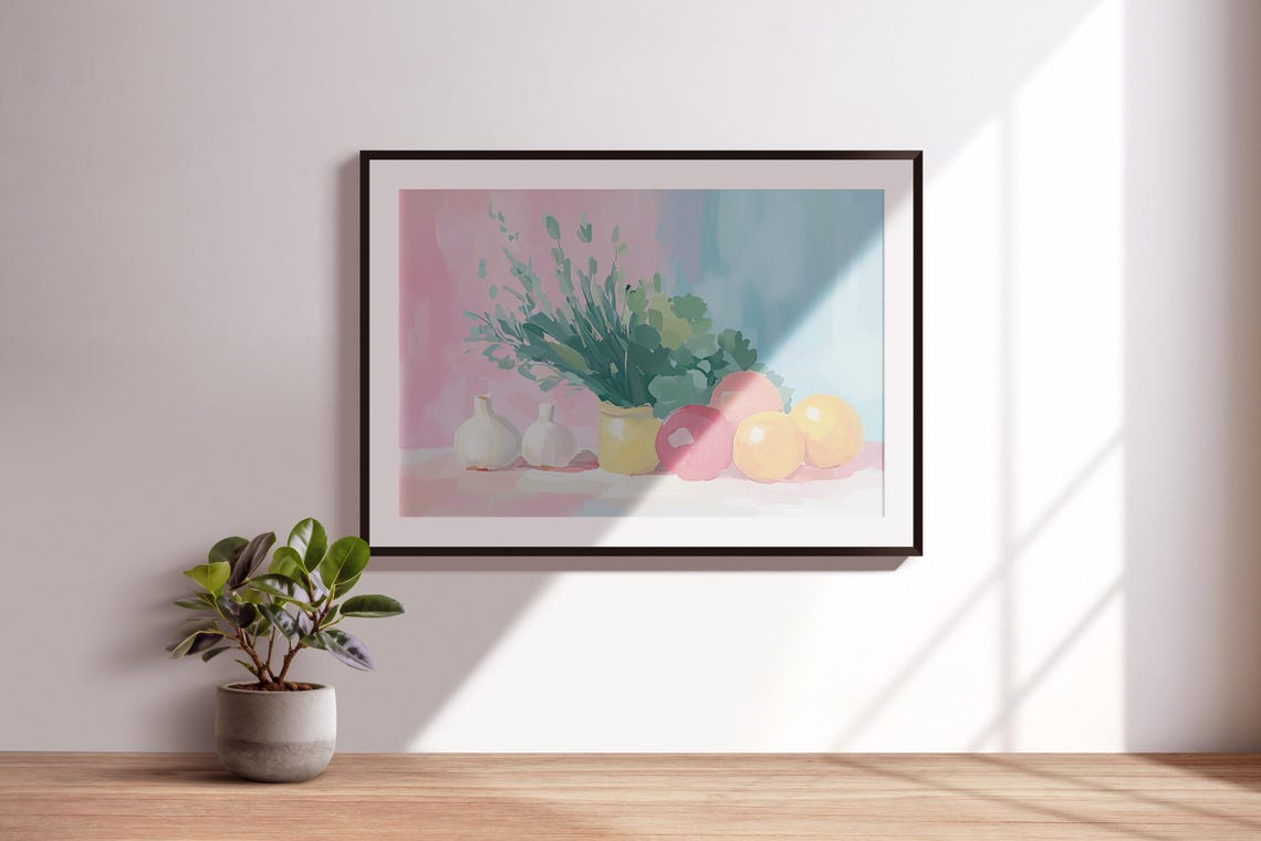 Fresh Herbs Yellow Jar Citrus Garlic Kitchen Still Life Art Print - Image 3