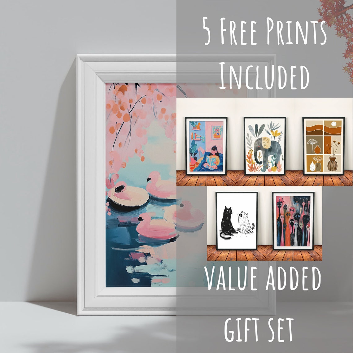 Pink Flamingos Under Cherry Blossoms Pastel Spring Wall Art Print - Image 3