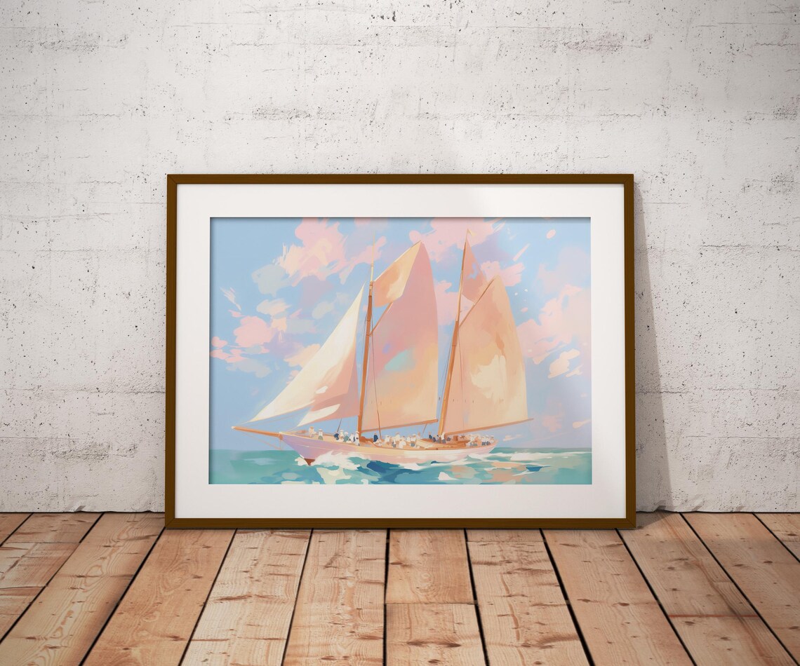 Classic Sailboat Full White Sails Turquoise Sea Nautical Art Poster - Image 2